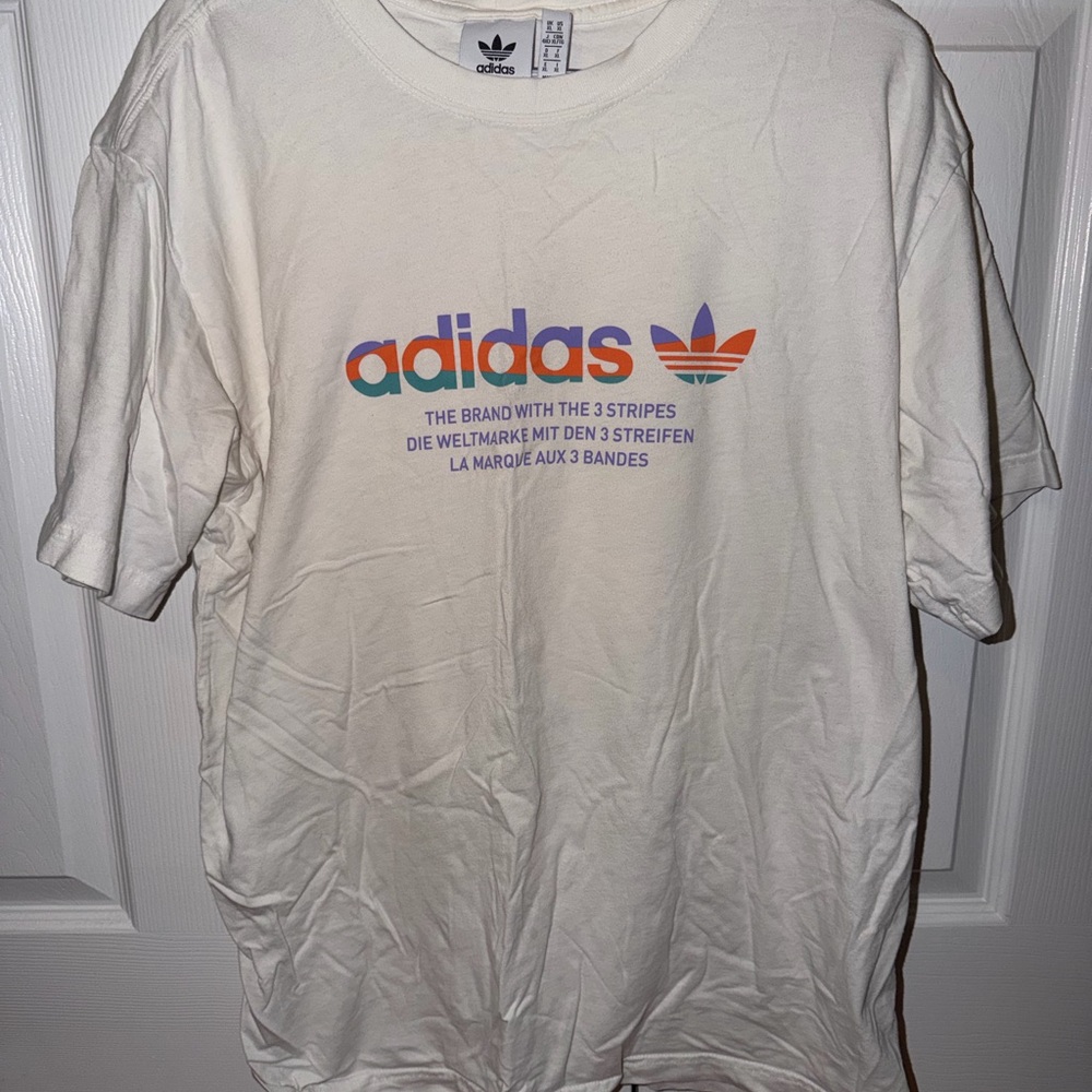 Adidas Men's Cream Tee with Multicolor Logo